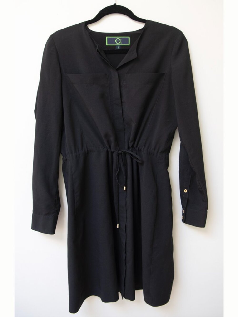 C Wonder Black Long Sleeve Tie Waist Shift Dress sz S